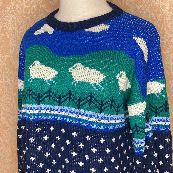 Vintage knit sweater sheep clouds pattern size large - Picture 1 of 11